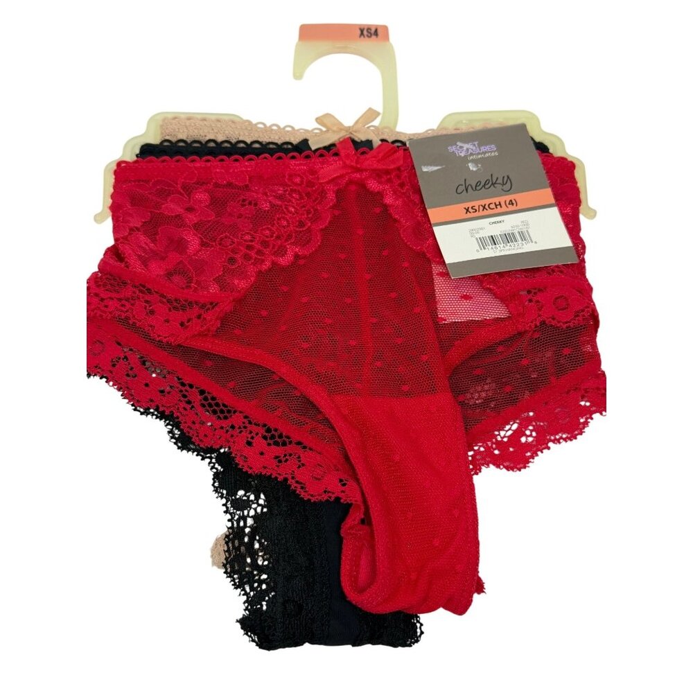 NWT Secret Treasures Cheeky Lace Mesh Panties XS 4 Red Black Beige 3-Pcs Set
